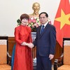 El canciller vietnamita, Bui Thanh Son, recibe a la presidenta de la 42ª Conferencia General de la Unesco, Simona-Mirela Miculescu. (Foto: VNA)
