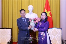 La vicepresidenta de Vietnam, Vo Thi Anh Xuan, recibe a Nhem Valy, vicepresidente permanente y secretario general del Consejo Nacional del Frente de Solidaridad para el Desarrollo de la Patria de Camboya. (Fotografía: VNA)