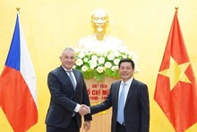 El ministro de Industria y Comercio de Vietnam, Nguyen Hong Dien, sostiene un encuentro de trabajo con su homólogo checo, Jozef Sileka. (Foto: VNA)