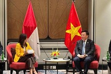 El director de la Academia Nacional de Política Ho Chi Minh y presidente del Consejo Teórico Central de Vietnam, Nguyen Xuan Thang, sostiene una sesión de trabajo con Meutya Viada Hafid, vicepresidenta del Partido Golkar y ministra de Comunicaciones y Transformación Digital de Indonesia. (Fotografía: hcma.vn)