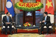 El presidente vietnamita, Luong Cuong (derecha) recibe al primer ministro de Laos, Sonexay Siphandone (Foto: Nhan Dan)