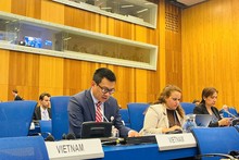 El embajador Vu Le Thai Hoang, representante permanente de Vietnam ante la ONU y organizaciones internacionales en Viena, Austria, habla en el evento. (Foto: VNA)