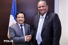 El vicepresidente del Senado de Brasil, Eduardo Gomes, y el embajador de Hanói en Brasil, Bui Van Nghi. (Foto: VNA)