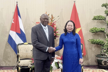 La vicepresidenta de Vietnam, Vo Thi Anh Xuan, recibe al miembro del Buró Político y vicepresidente de Cuba, Salvador Valdés Mesa. (Foto: VNA)