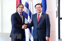 El presidente de la Asamblea Nacional de Vietnam, Vuong Dinh Hue (en la derecha), se reúne con su homólogo uruguayo, Luis Lacalle Pou, durante su visita oficial a Uruguay, abril de 2023. (Foto: VNA)