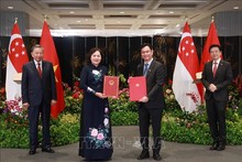 El secretario general PCV, To Lam, y el primer ministro y secretario general del gobernante Partido de Acción Popular de Singapur, Lawrence Wong, presencian la firma del Memorando de Entendimiento sobre cooperación en innovación financiera entre el Banco Estatal de Vietnam y la Autoridad Monetaria de Singapur. (Foto: VNA)
