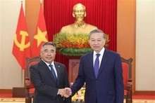 El secretario general del Partido Comunista de Vietnam (PCV), To Lam (derecha) recibe al embajador de Filipinas en Hanói, Meynardo Los Banos Montealegre. (Foto: VNA)
