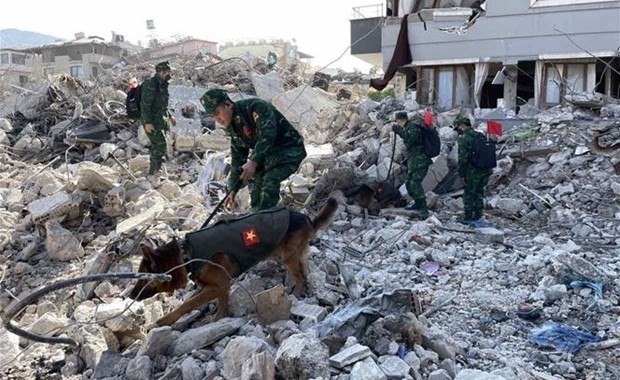 Oficiales del Ejército Popular de Vietnam participan en labores de rescate en la provincia de Hatay, Turquía. (Fotografía: VNA)
