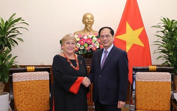 El canciller de Vietnam, Bui Thanh Son, recibe a la expresidenta chilena Michelle Bachelet Jeria. (Fotografía: Nhan Dan)