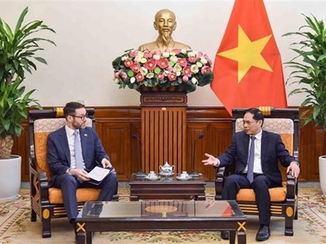 El ministro de Relaciones Exteriores de Vietnam, Bui Thanh Son (D), y el embajador británico en Vietnam, Iain Frew. (Fotografía: VNA)