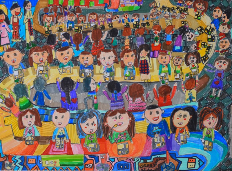 Una pintura titulada "Comedor feliz"