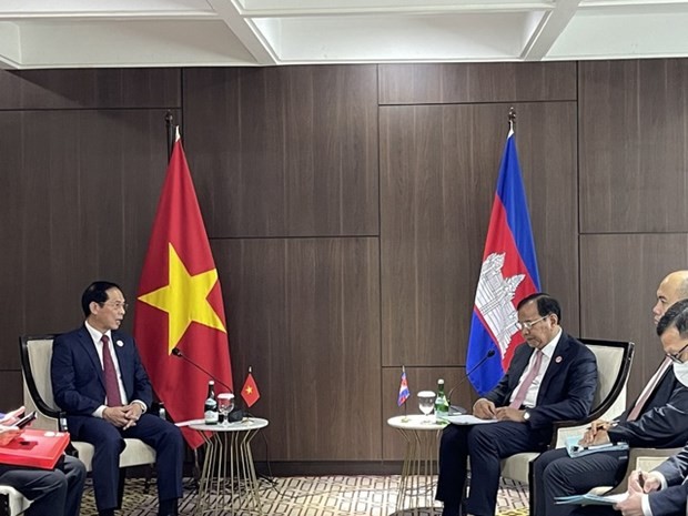 El ministro Bui Thanh Son y el viceprimer ministro y titular de Relaciones Exteriores de Camboya, Prak Sokhonn. (Fotografía: VNA)
