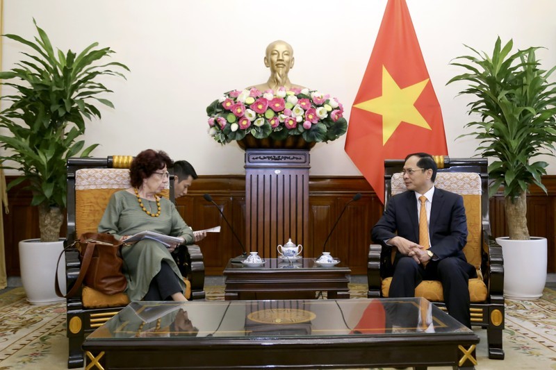 El canciller vietnamita, Bui Thanh Son, recibe a la subsecretaria de Relaciones Exteriores de México, Carmen Moreno Toscano. (Fotografía: baoquocte.vn)