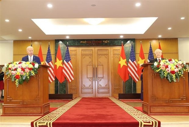 El secretario general de Vietnam, Nguyen Phu Trong, y el presidente estadounidense Joe Biden en la conferencia de prensa conjunta el 10 de septiembre de 2023. (Foto: VNA)