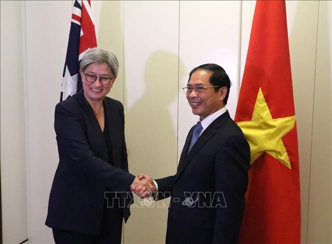La ministra australiana de Relaciones Exteriores, Penny Wong, y su homólogo vietnamita, Bui Thanh Son. (Fotografía: VNA)