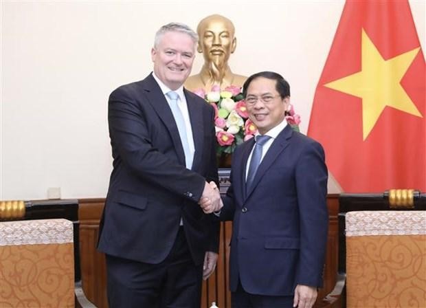 El ministro de Relaciones Exteriores de Vietnam, Bui Thanh Son (derecha), recibe al secretario general de la OCDE, Mathias Cormann. (Fotografía: VNA)