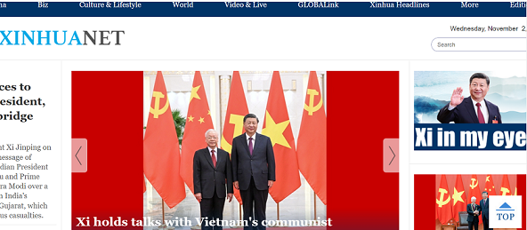 Artículo sobre la visita oficial del secretario general del PCV, Nguyen Phu Trong, a China en el portal digital de Xinhua. (Fotografía: VNA)