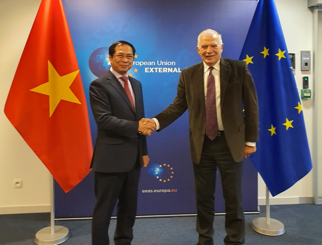 Josep Borrell, alto representante de la UE para Asuntos Exteriores y Política de Seguridad y vicepresidente de la Comisión Europea (derecha), y el canciller vietnamita, Bui Thanh Son. (Fotografía: Ministerio de Relaciones Exteriores de Vietnam)