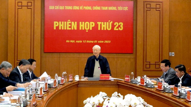 El secretario general del Partido Comunista de Vietnam, Nguyen Phu Trong, interviene en la reunión. (Fotografía: Nhan Dan)