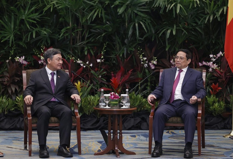 El premier Pham Minh Chinh (derecha) y el vicepresidente de la Junta Administrativa y director de Sembcorp Industries, Tow Heng Tan. (Fotografía: VNA)