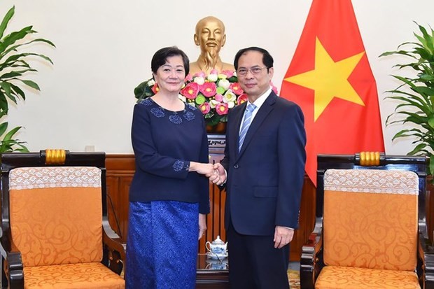 El ministro de Relaciones Exteriores de Vietnam, Bui Thanh Son, y la embajadora de Camboya en Hanói, Chea Kimtha. (Fotografía: VNA)