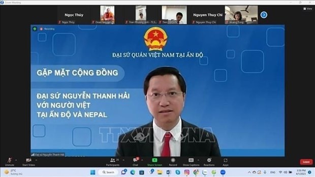 El embajador de Vietnam en la India, Nguyen Thanh Hai, en el encuentro virtual. (Fotografía: VNA)