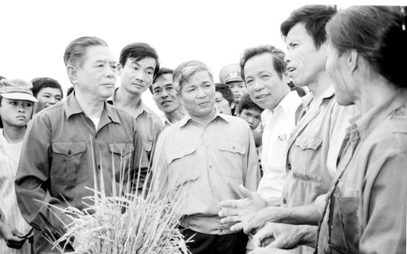 El secretario general Nguyen Van Linh visita a agricultores de la Cooperativa de Tung Phong, comuna de Tung Anh, distrito de Duc Tho, provincia de Nghe Tinh, del 23 al 27 de mayo de 1990. (Fotografía: VNA)