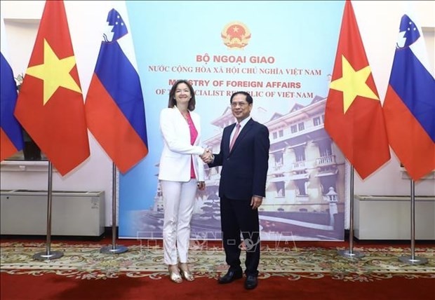 El canciller vietnamita, Bui Thanh Son, recibe a la vice primera ministra y titular de Asuntos Exteriores y Europeos de Eslovenia, Tanja Fajon. (Fotografía: VNA)