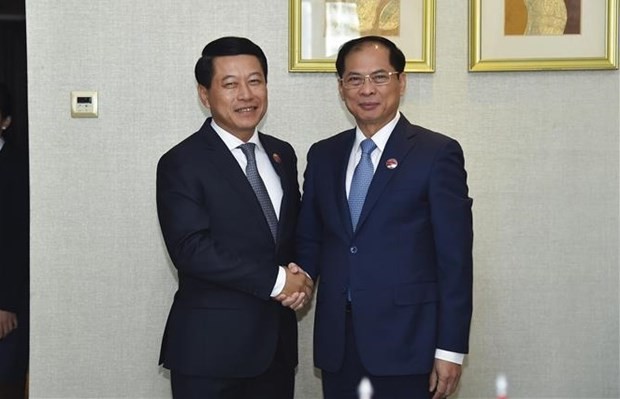 El ministro de Relaciones Exteriores de Vietnam, Bui Thanh Son (derecha), se reúne con el vice primer ministro y canciller de Laos, Saleumxay Kommasith. (Fotografía: VNA)