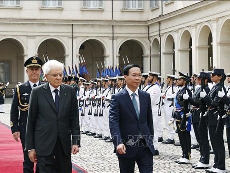 El presidente vietnamita, Vo Van Thuong (derecha), y su homólogo italiano, Sergio Mattarella, revisan la guardia de honor. (Fotografía: VNA).