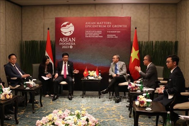 El ministro vietnamita de Industria y Comercio, Nguyen Hong Dien, se reúne con el titular de Comercio de Indonesia, Zulkifli Hasan. (Fotografía: VNA)