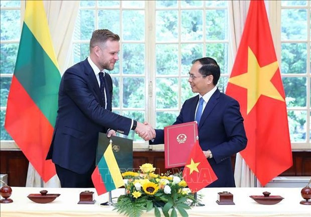 El ministro de Relaciones Exteriores de Vietnam, Bui Thanh Son (derecha), y su homólogo lituano, Gabrielius Landsbergis. (Fotografía: VNA)