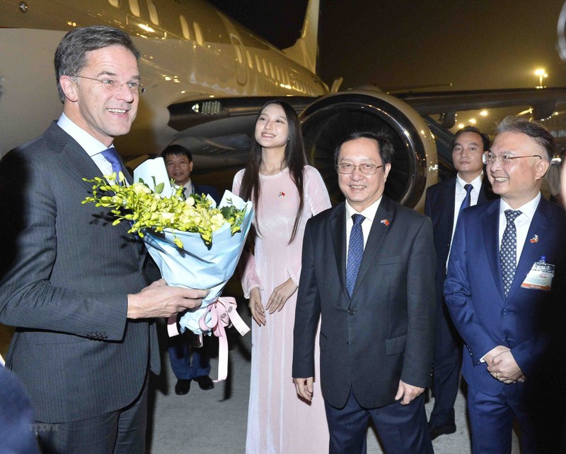 El primer ministro de los Países Bajos, Mark Rutte, recibido en el aeropuerto de Noi Bai de Hanói. (Fotografía: VNA)
