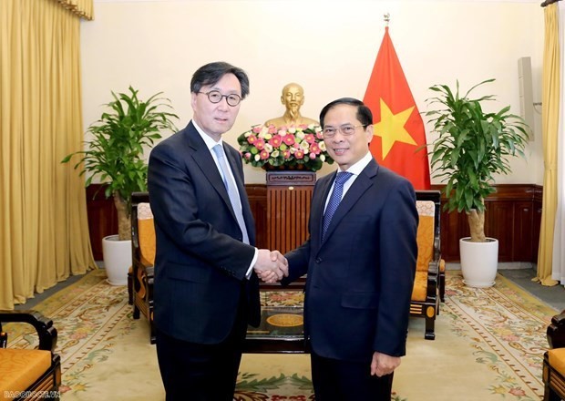 El ministro de Relaciones Exteriores de Vietnam, Bui Thanh Son (derecha), y el primer viceministro de Asuntos Exteriores de Corea del Sur, Chang Ho-jin. (Fotografía: baoquocte.vn)