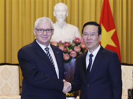 El presidente de Vietnam, Vo Van Thuong (derecha), recibe al fiscal general de Hungría, Péter Polt. (Fotografía: VNA)