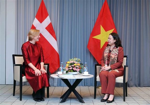 La presidenta de la Asociación de Amistad Dinamarca-Vietnam, Trine Glue Doan, y la vicepresidenta de Vietnam, Vo Thi Anh Xuan. (Fotografía: VNA)