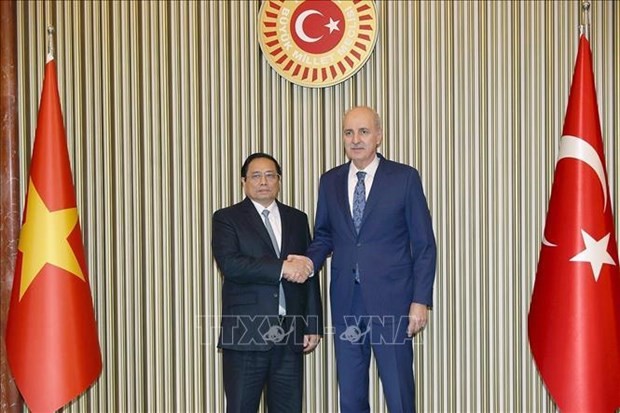 El primer ministro de Vietnam, Pham Minh Chinh, se reúne con el presidente de la Gran Asamblea Nacional de Turquía, Numan Kurtulmus. (Fotografía: VNA)