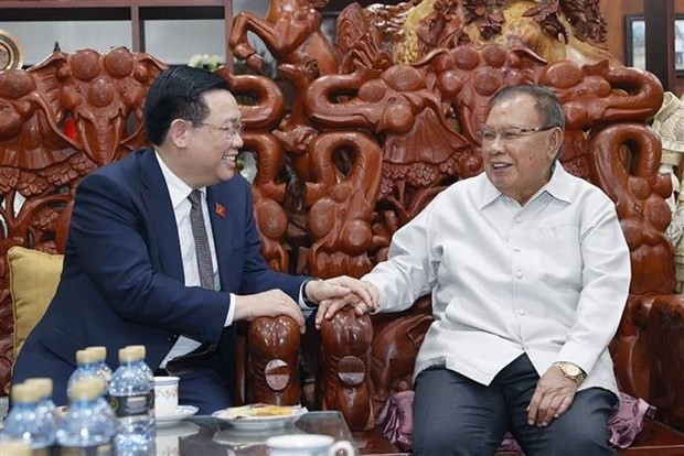 El presidente de la Asamblea Nacional de Vietnam, Vuong Dinh Hue (izquierda), conversa con el exsecretario general del Partido Popular Revolucionario y expresidente de Laos, Bounnhang Vorachith. (Fotografía: VNA)