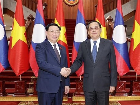 El presidente de la Asamblea Nacional de Vietnam, Vuong Dinh Hue (izquierda), saluda al primer ministro de Laos, Sonexay Siphandone. (Fotografía: VNA)