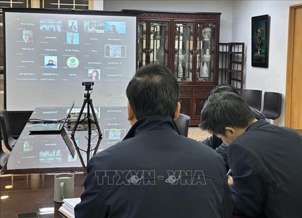 Durante la reunión en línea sobre el apoyo a vietnamitas afectadas por terremoto en Japón. (Fotografía: VNA)