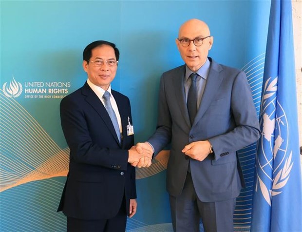 El ministro de Relaciones Exteriores de Vietnam, Bui Thanh Son, y el alto comisionado de las Naciones Unidas para los Derechos Humanos, Volker Turk. (Fotografía: VNA)