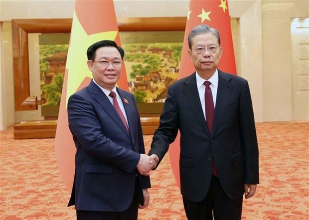 El presidente de la Asamblea Nacional de Vietnam, Vuong Dinh Hue (izquierda), se reúne con el titular del Comité Permanente de la Asamblea Popular Nacional de China, Zhao Leji. (Fotografía: VNA)