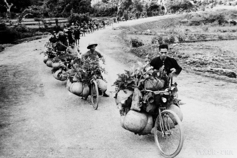 Un convoy de bicicletas de carga pesada, o “xe đạp thồ” en vietnamita, transporta suministros al servicio del frente. (Foto: VNA)