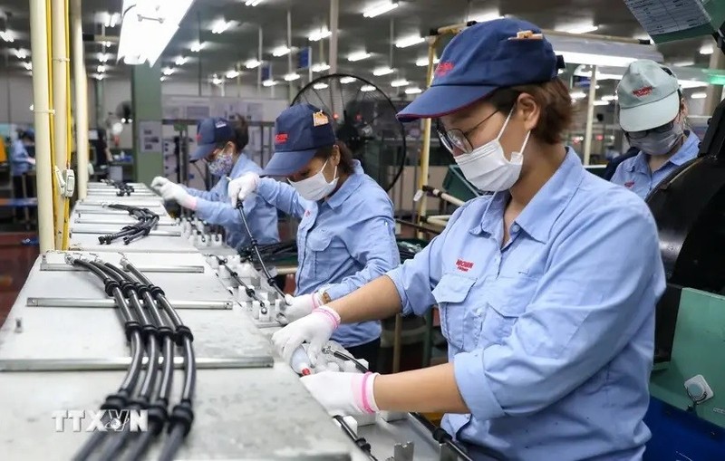 Línea de producción de tubos y conductos de frenos para motos y automóviles de la empresa Nichirin Vietnam, de cien por cien inversión japonesa, en la provincia de Bac Giang. (Fotografía: VNA)