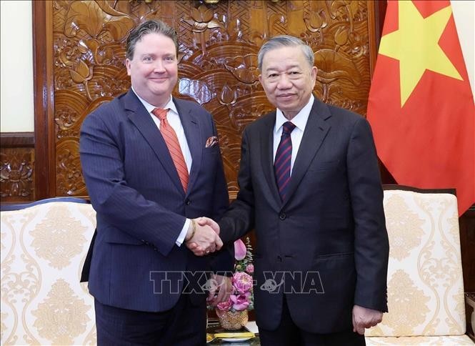 El presidente de Vietnam, To Lam (derecha), recibe al embajador de Estados Unidos en el país, Marc Evans Knapper. (Fotografía: VNA)