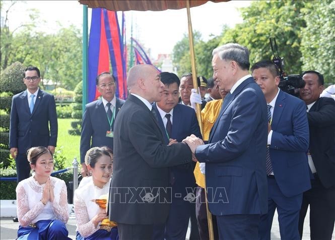 El rey camboyano, Norodom Shihamoni (izquierda), recibe al presidente de Vietnam, To Lam (derecha). (Fotografía: VNA)