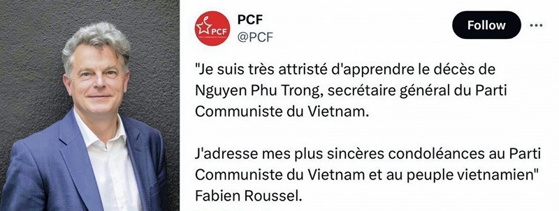 En cuanto oyó del deceso del compañero vietnamita el 19 de julio, el dirigente del PCF escribió en la cuenta de esa organización en la red social X (antes Twitter): “Me entristece mucho enterarme del fallecimiento de Nguyen Phu Trong, secretario general del Partido Comunista de Vietnam. Envío mi más sentido pésame al Partido Comunista de Vietnam y al pueblo vietnamita”.