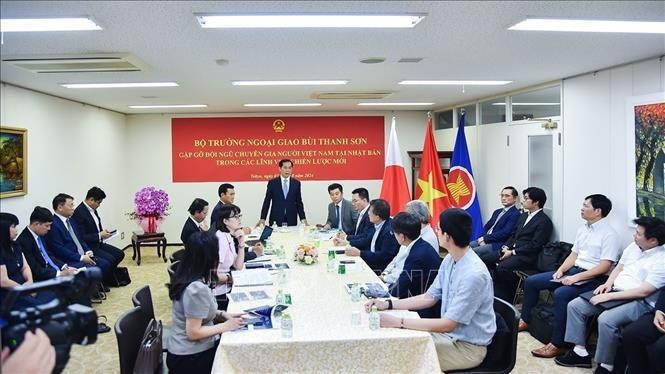 El ministro de Relaciones Exteriores de Vietnam, Bui Thanh Son, habla en el encuentro con intelectuales connacionales residentes en Japón. (Fotografía: VNA)