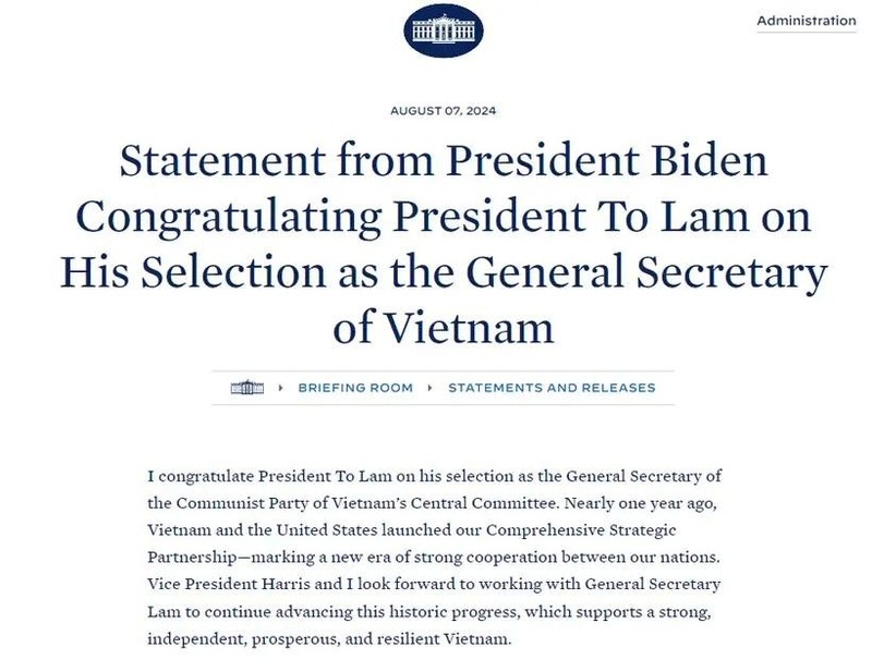 El presidente de EE. UU., Joe Biden, felicita al secretario general del Partido Comunista y presidente de Vietnam, To Lam, en el sitio web de la Casa Blanca.