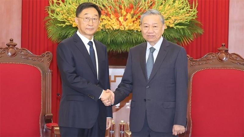 El secretario general del Partido Comunista de Vietnam y presidente del país, To Lam, y Liu Ning, miembro del Comité Central del Partido Comunista de China (PCCh) y secretario del Comité del PCCh de la Región Autónoma Zhuang de Guangxi. (Fotografía VNA)